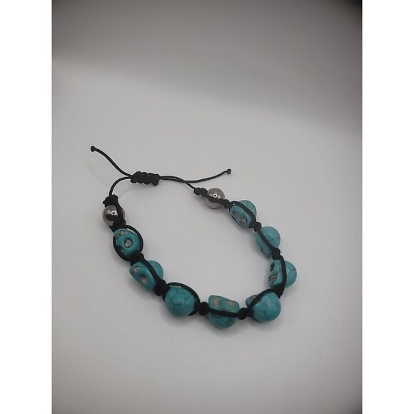 Howlite Turquoise Skull Bracelet Black Adustable Silver Tone Jewelry Costume - Picture 7 of 10